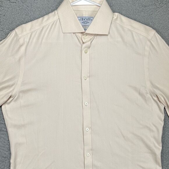 Charles Tyrwhitt Dress Shirt Mens 16-33 Peach Herringbone French Cuff Extra Slim